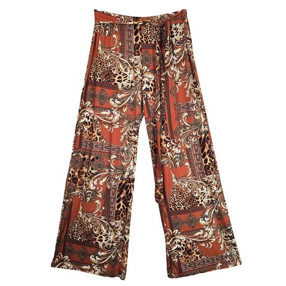 Maxine Nichols Pants Womens Large Brown Leopard Baroque Palazzo Stretch Pull On - Picture 1 of 8